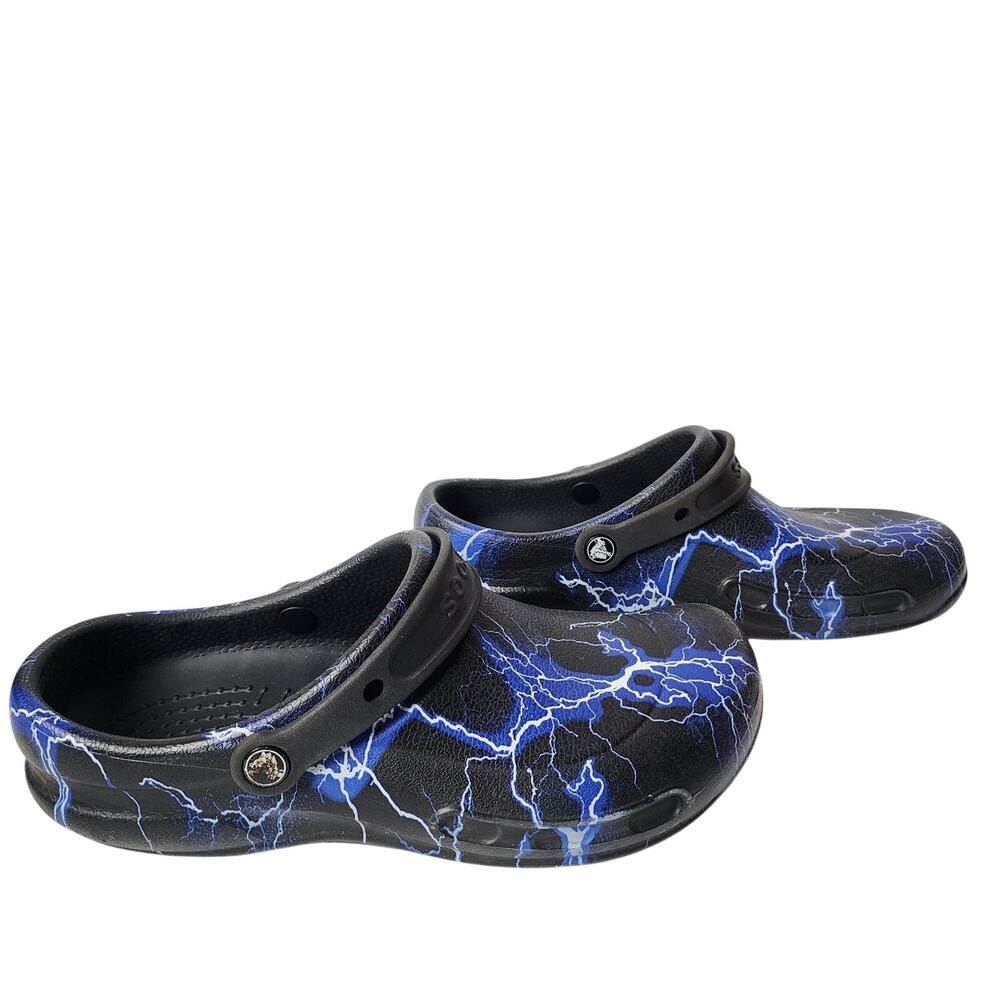 Crocs Bistro Shoes Mens Size 9 Womens 11 Black Blue Lightning Bolt Graphic